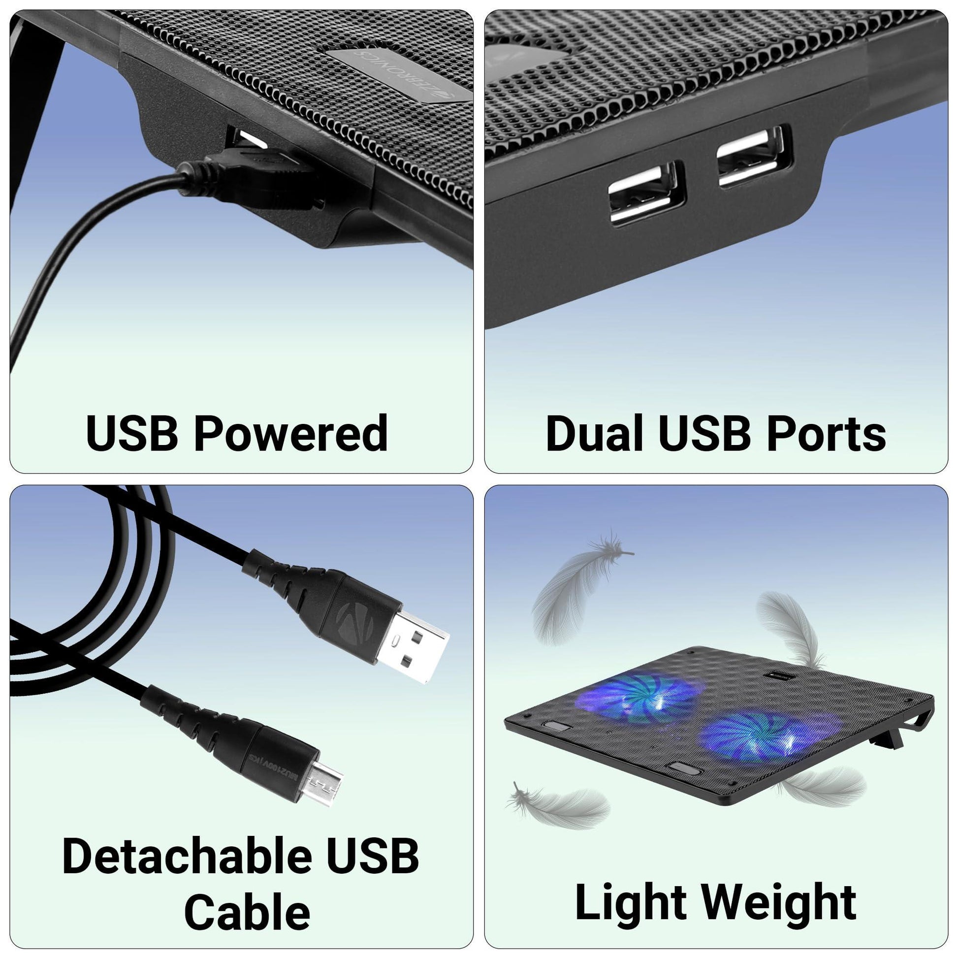 Zebronics, ZEB-NC3300 USB Powered Laptop Cooling Pad with Dual Fan, Dual USB Port and Blue LED Lights - Triveni World