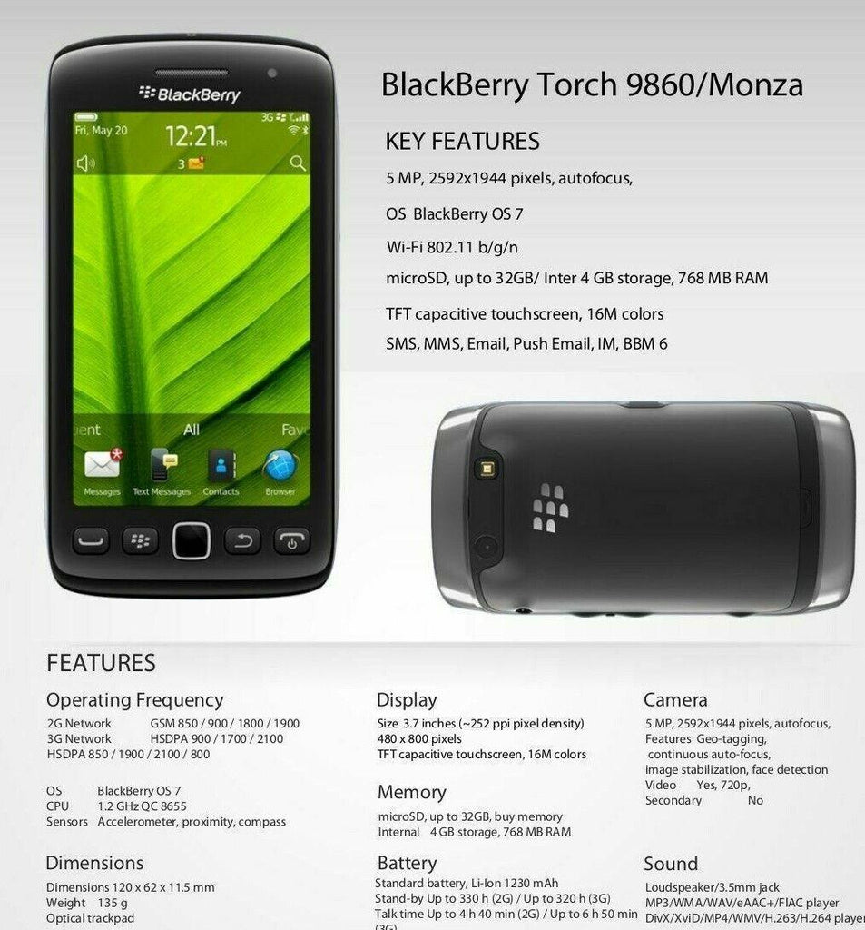 BlackBerry Torch 9860 Factory Unlocked 4GB 5MP International T-mobile AT&T GSM - Triveni World