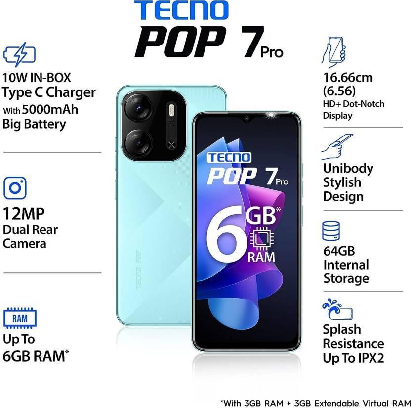 Tecno Pop 7Pro 5000mAh Battery 13MP Dual Rear Camera (uyuni blue, 64 GB)  (3 GB RAM) Refurbished - Triveni World