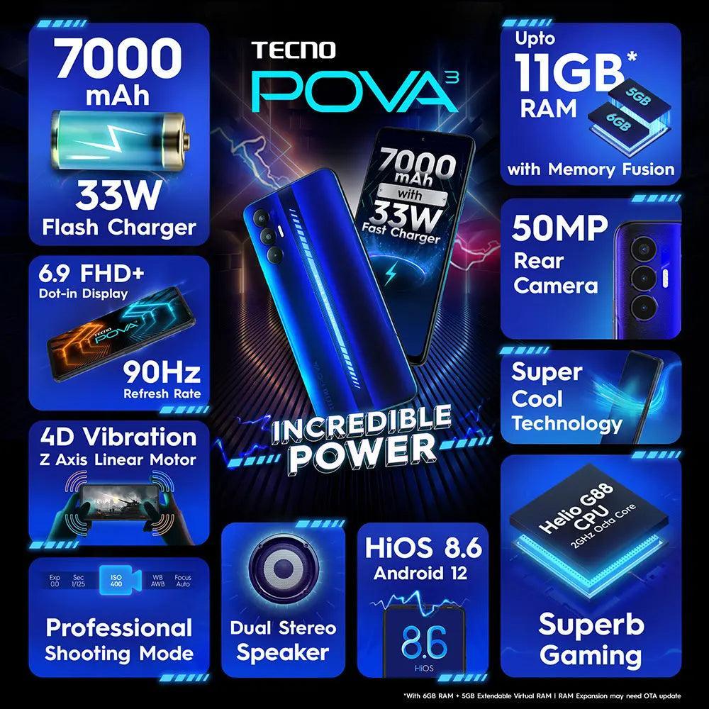 Tecno POVA3 64 GB, 4 GB RAM, Electric Blue, Mobile Phone Refurbished - Triveni World