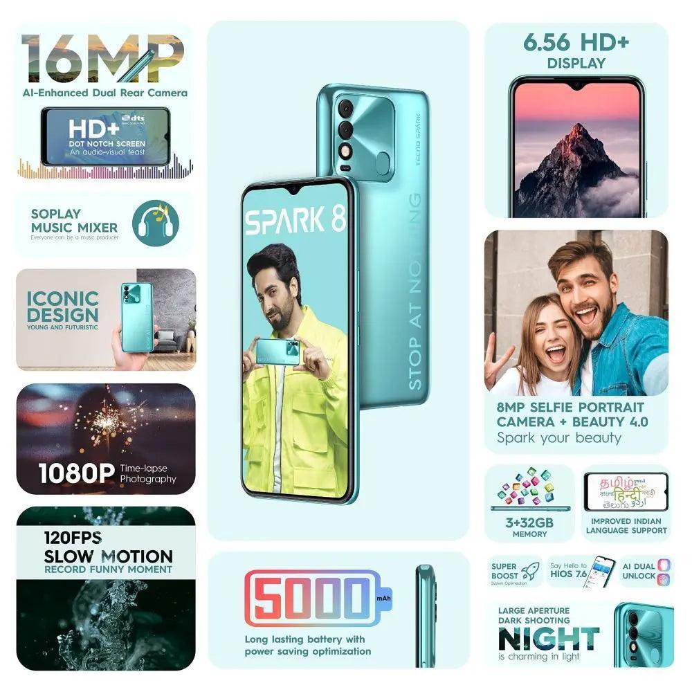 Tecno Spark 8 64GB, 4GB RAM, Turquoise Cyan, Mobile Phone Refurbished - Triveni World